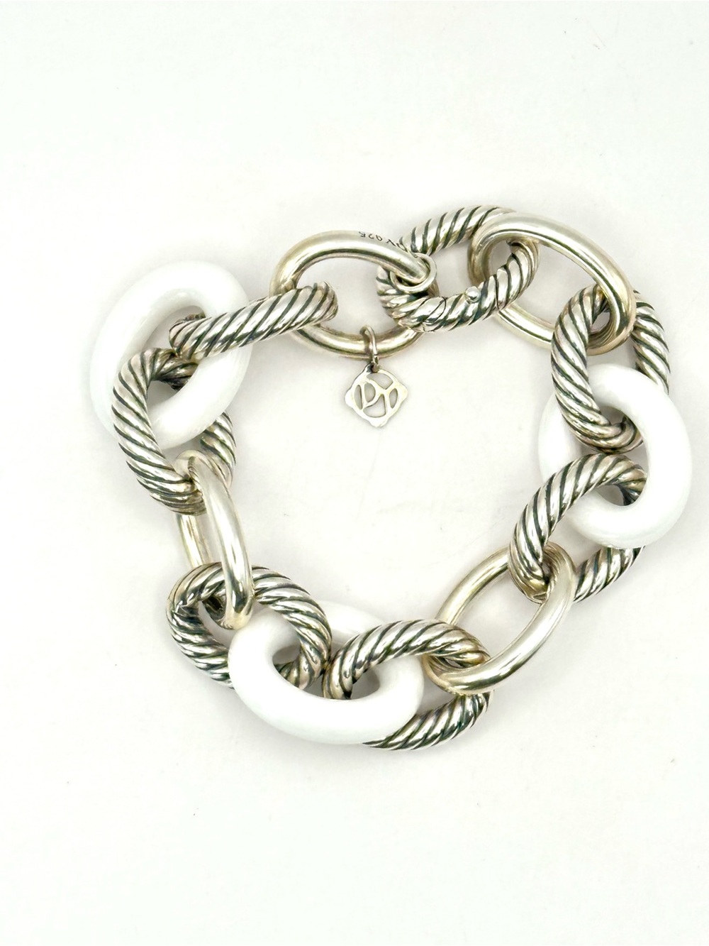 David Yurman Sterling Silver & White Ceramic Oval Link Bracelet RARE